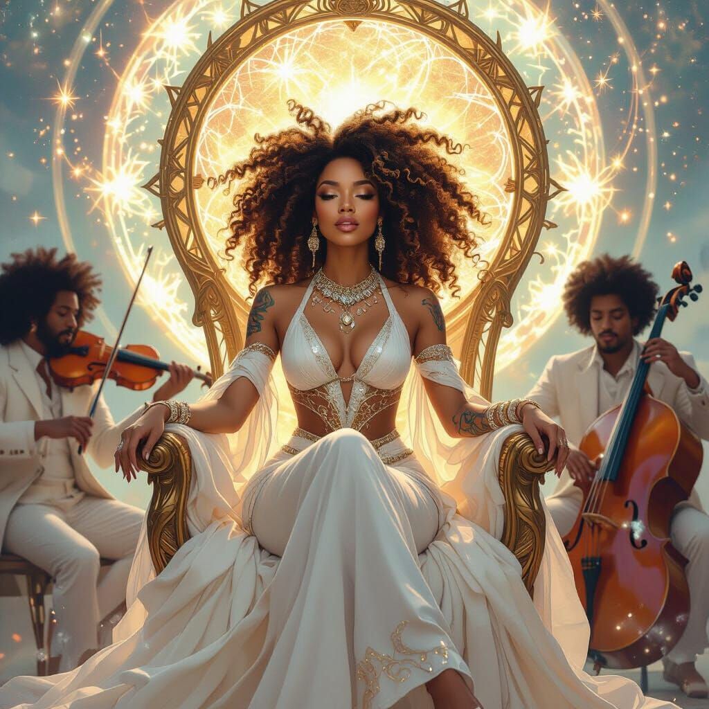 Afro-Latina Goddess on Galactic Throne, Art Nouveau Style