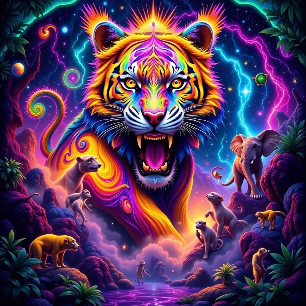 Psychedelic Tiger in Vibrant Jungle Realm