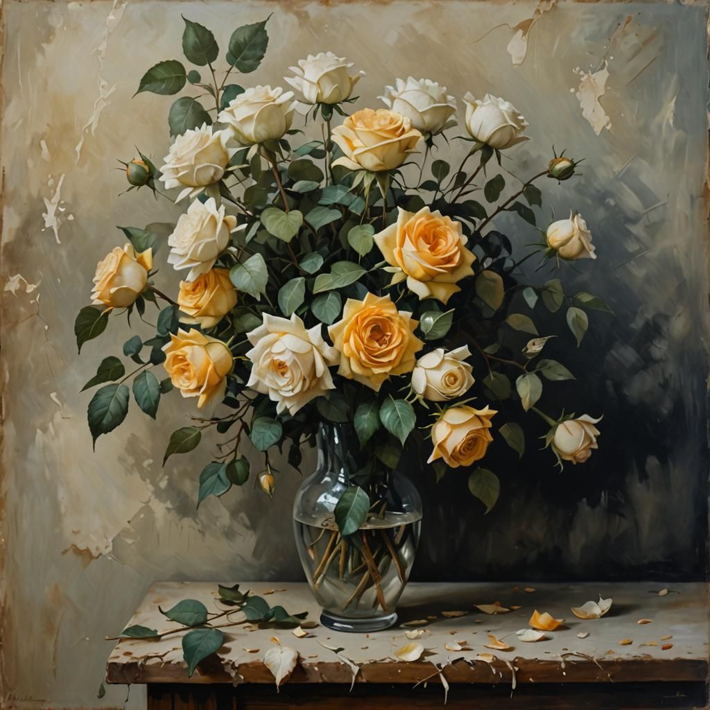 Decaying Roses Still Life in Realist Style