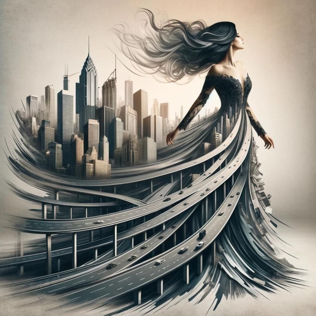 Surreal Fusion: Woman's Dress Becomes Urban Landscape