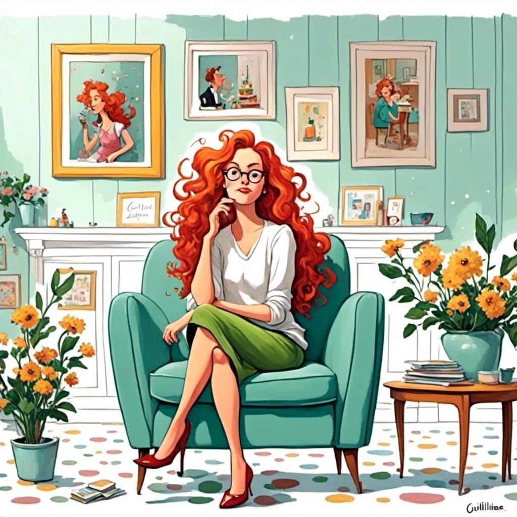 red haired lady in chair