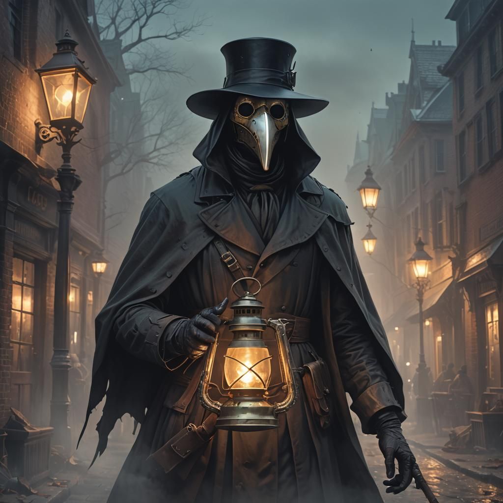 Plague Doctor in Foggy Victorian Scene