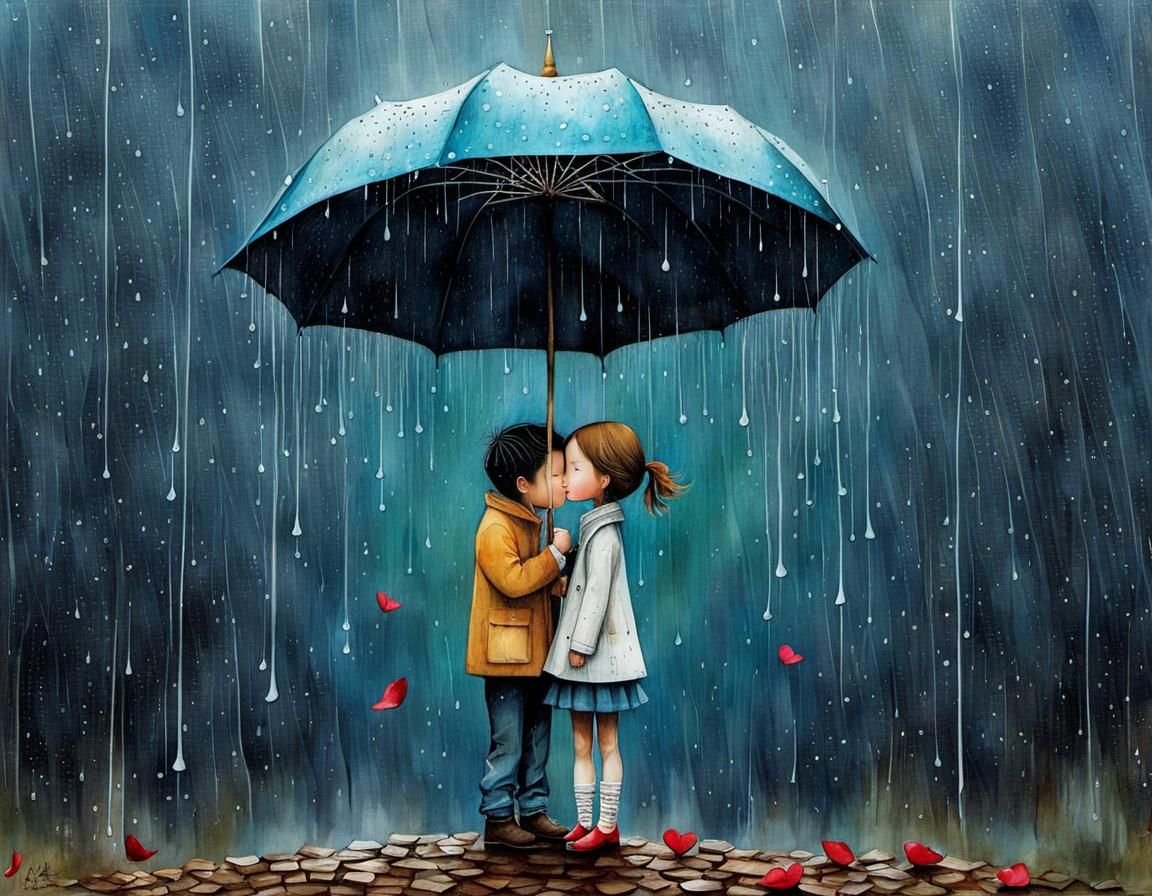 Couple Falling in Love in Rainstorm, Whimsical Art