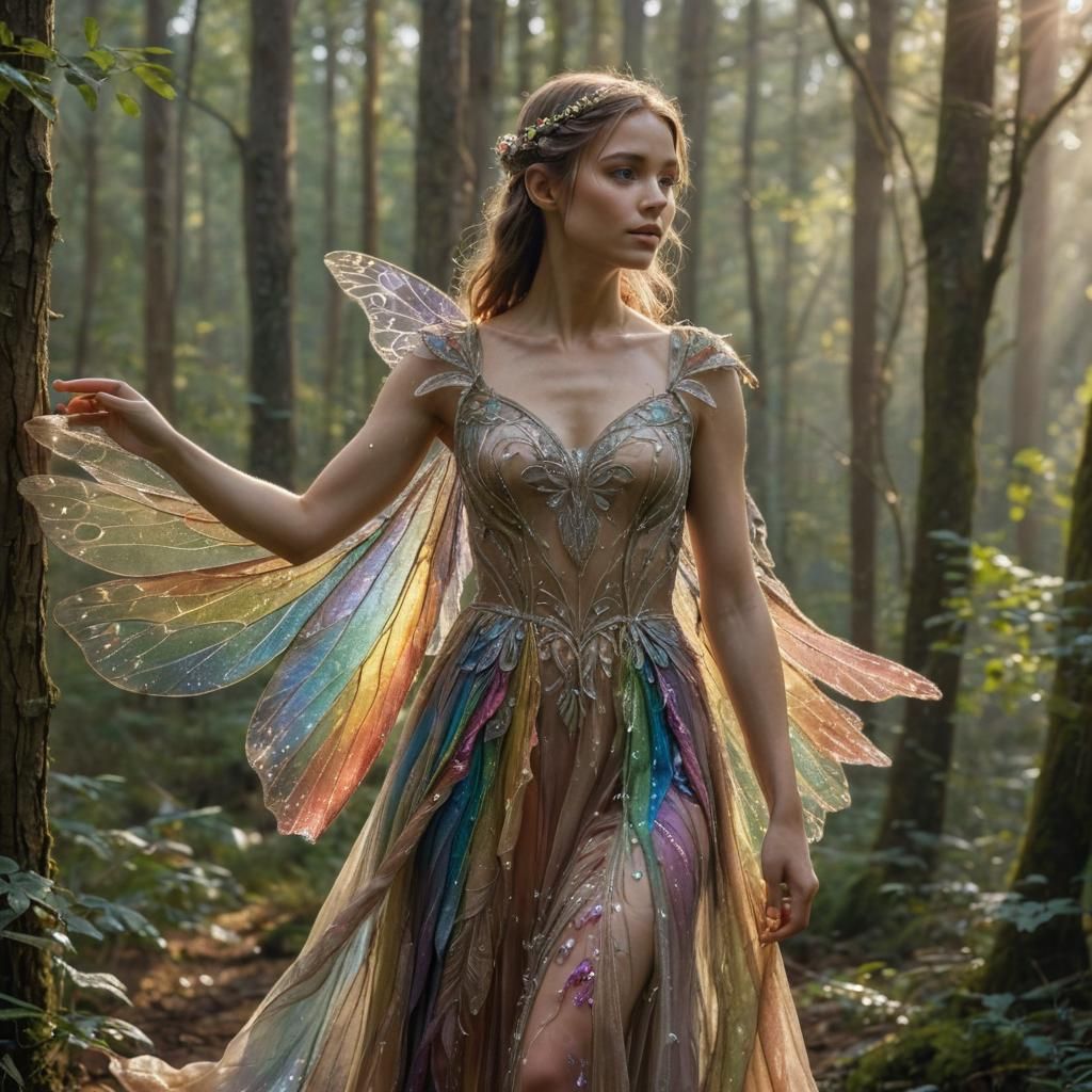 Rainbow Winged Fairy in Forest, Hyperrealistic Image