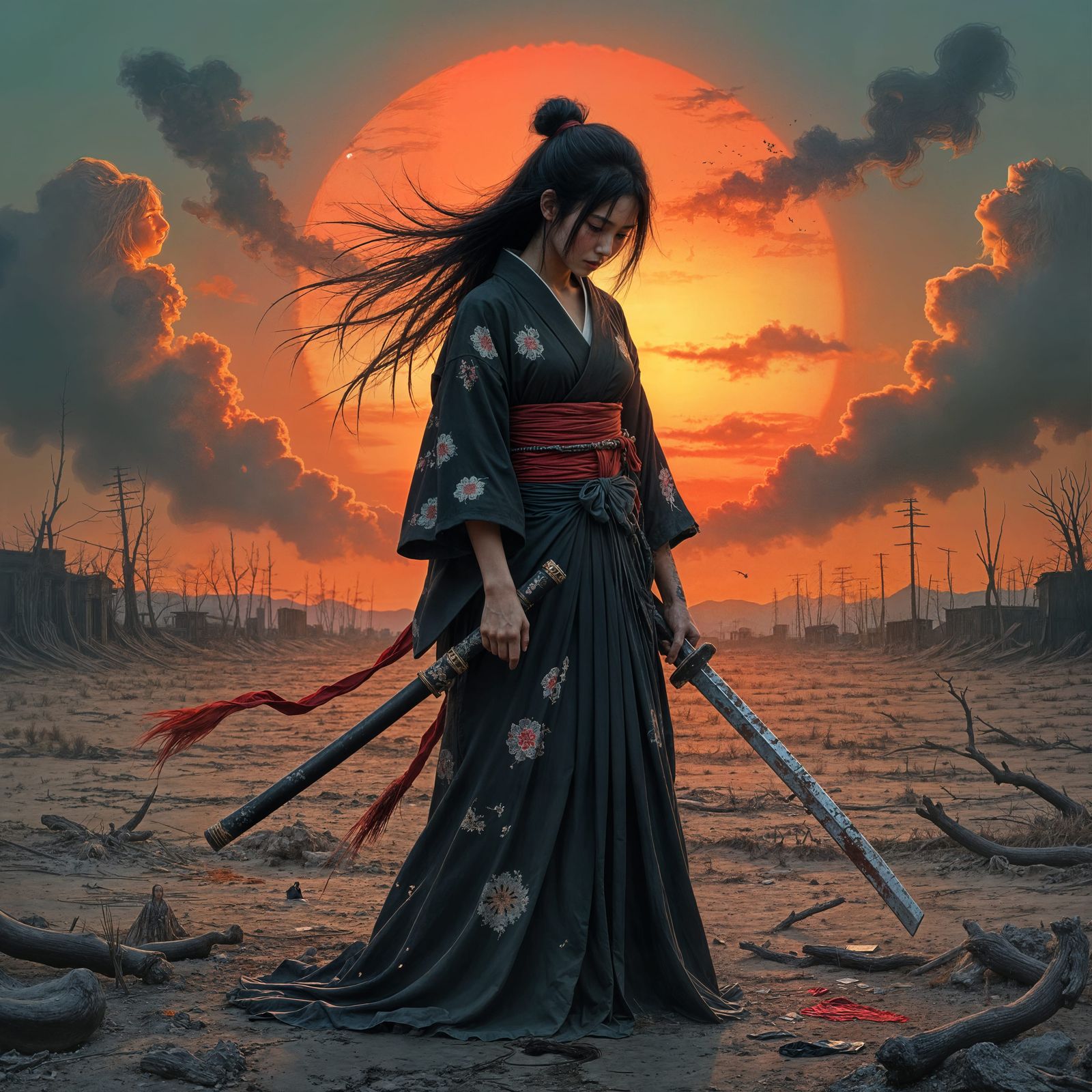 Surreal Japanese Warrior Emerges from Post-Apocalyptic Ruins