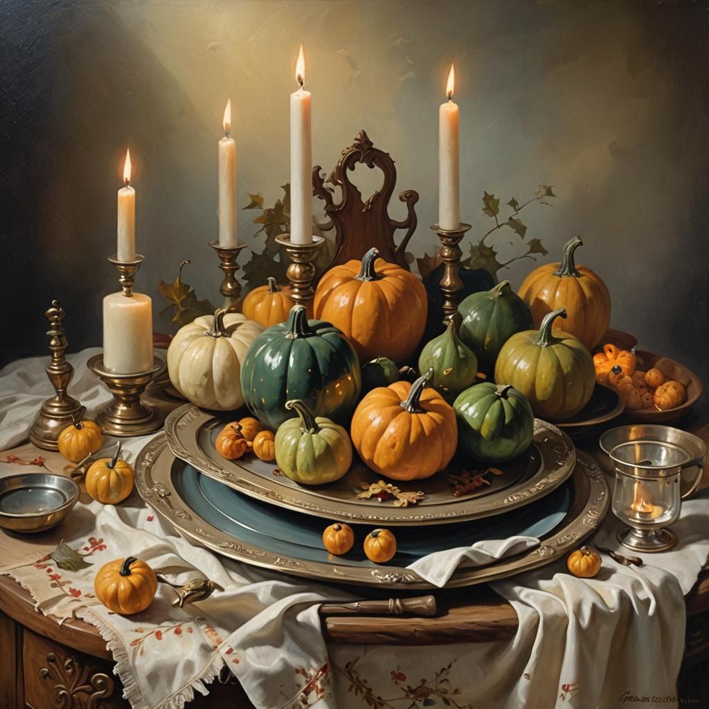 Gourds and Candles Still Life in Oil Painting Style