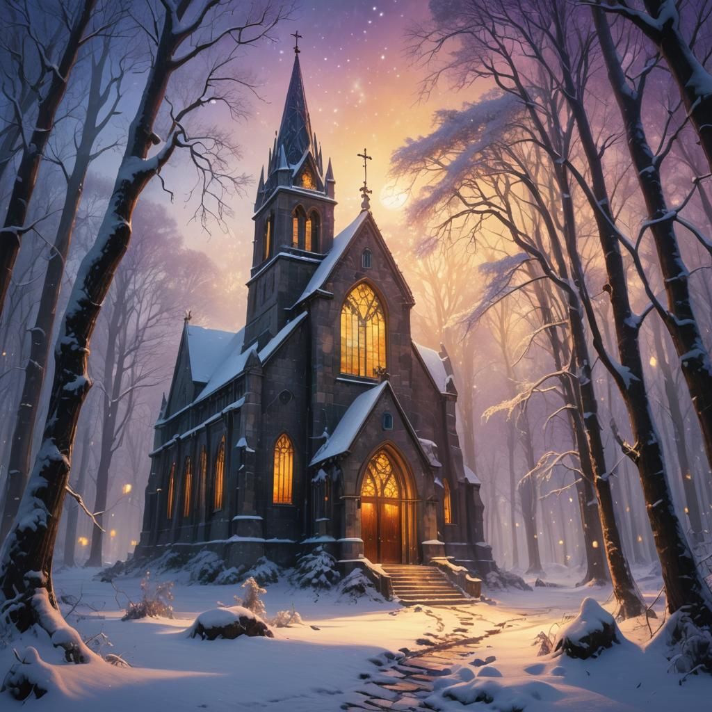 Mystical Church in Snowy Forest: Fantasy Concept Art