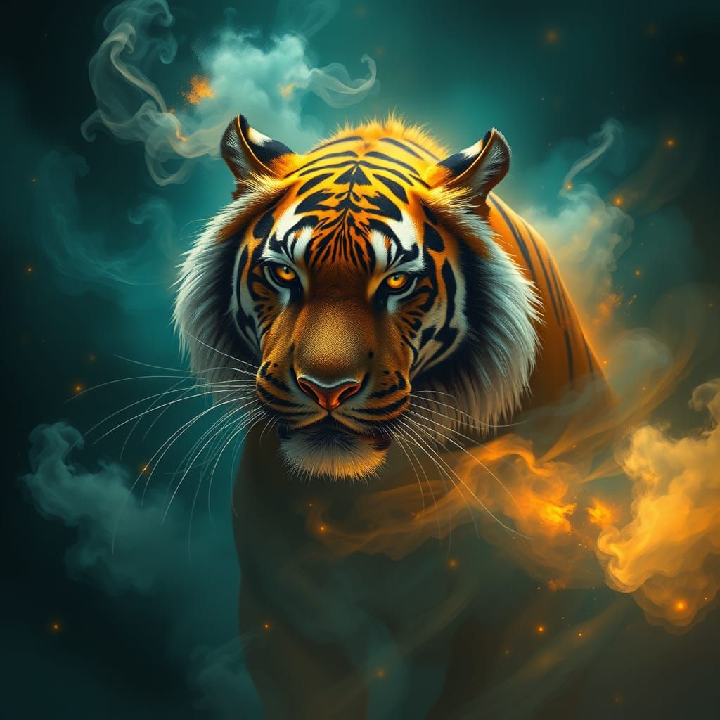 Majestic Tiger's Ethereal Form in Rich Teal and Gold
