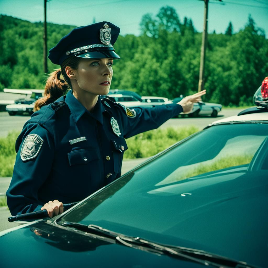 Female Police Officer Directing Car in Cinematic Style