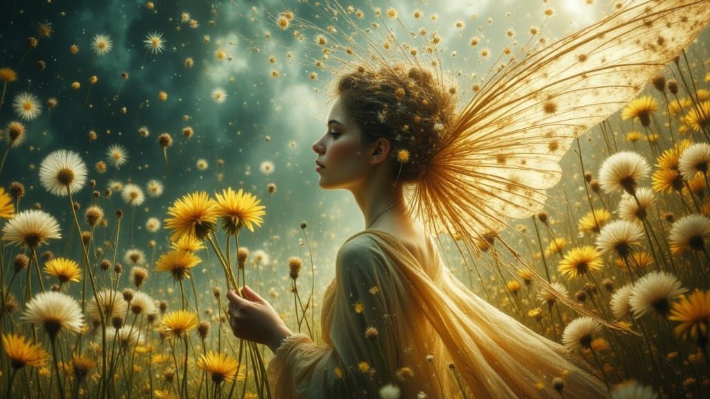 Surreal Fairy with Dandelion in Dreamlike Landscape