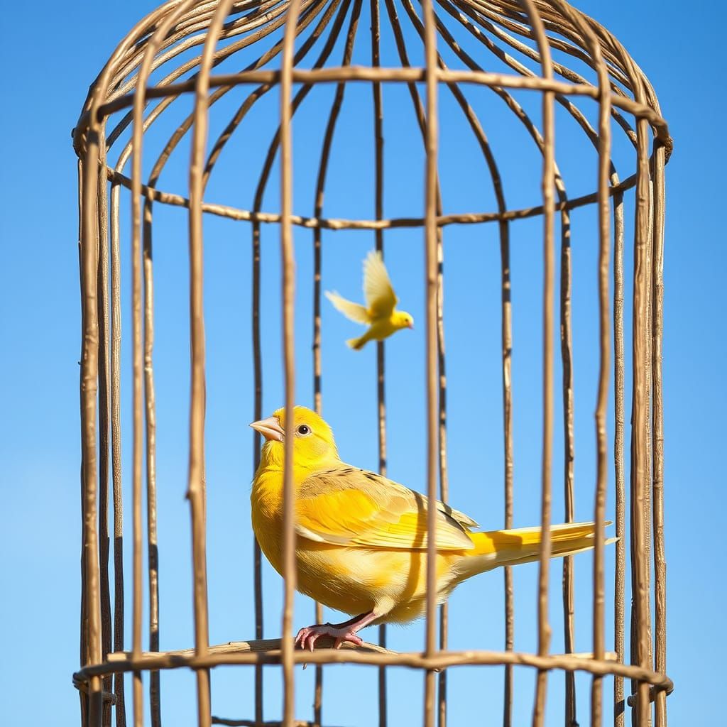 Golden Canary Dreams of Freedom in Wooden Cage