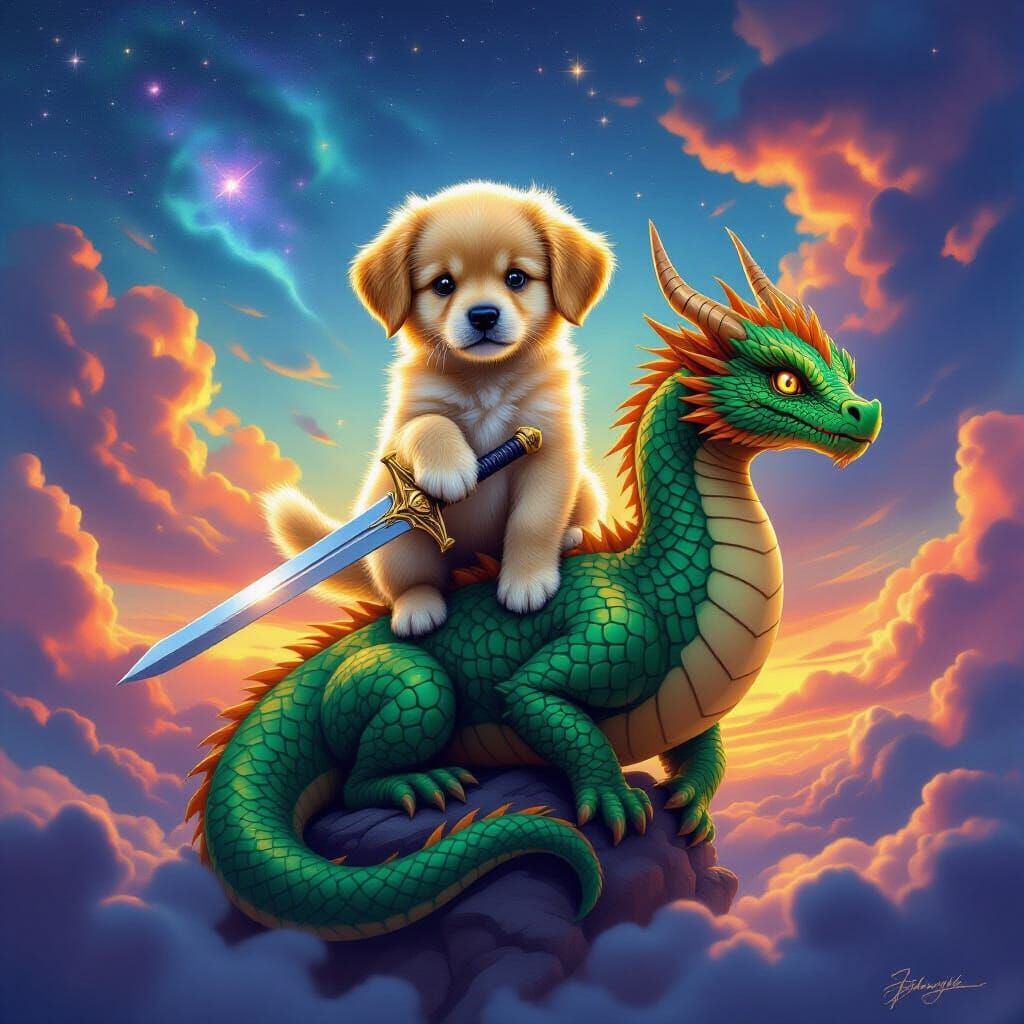 Golden Puppy with Sword on Dragon in Cosmic Sky