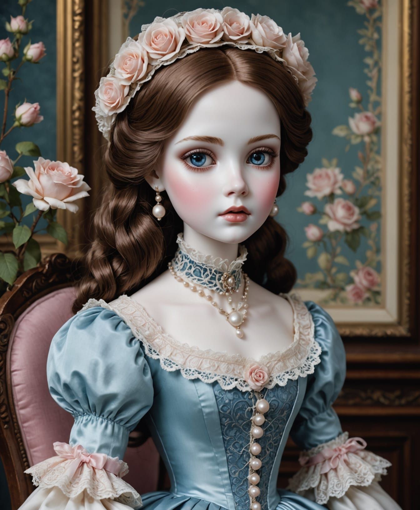 Victorian Porcelain Doll in Elaborate Silk Gown