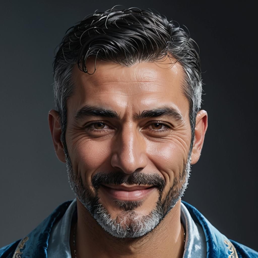 Smiling Turkish Man in Blue Velvet Bathrobe