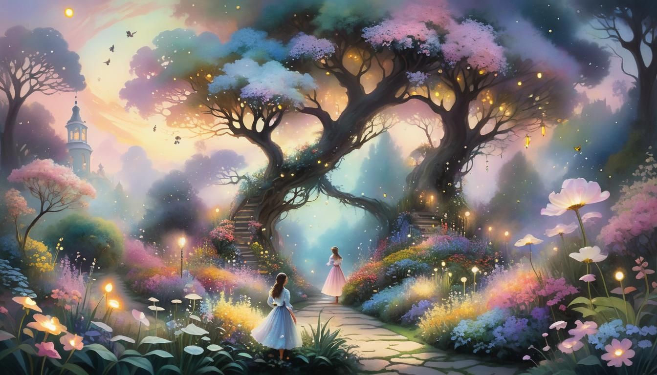 Dreamlike Garden at Sunset in Impressionist Style