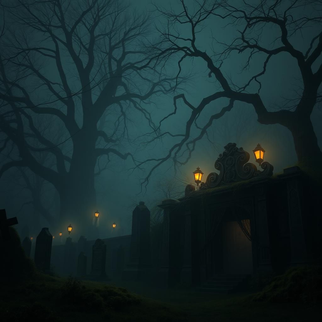 Mysterious Cemetery at Dusk in Cinematic Digital Painting