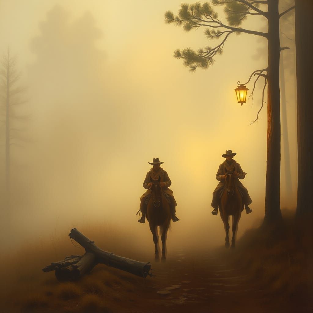 Misty Dawn Riders Disappear into Foggy Forest