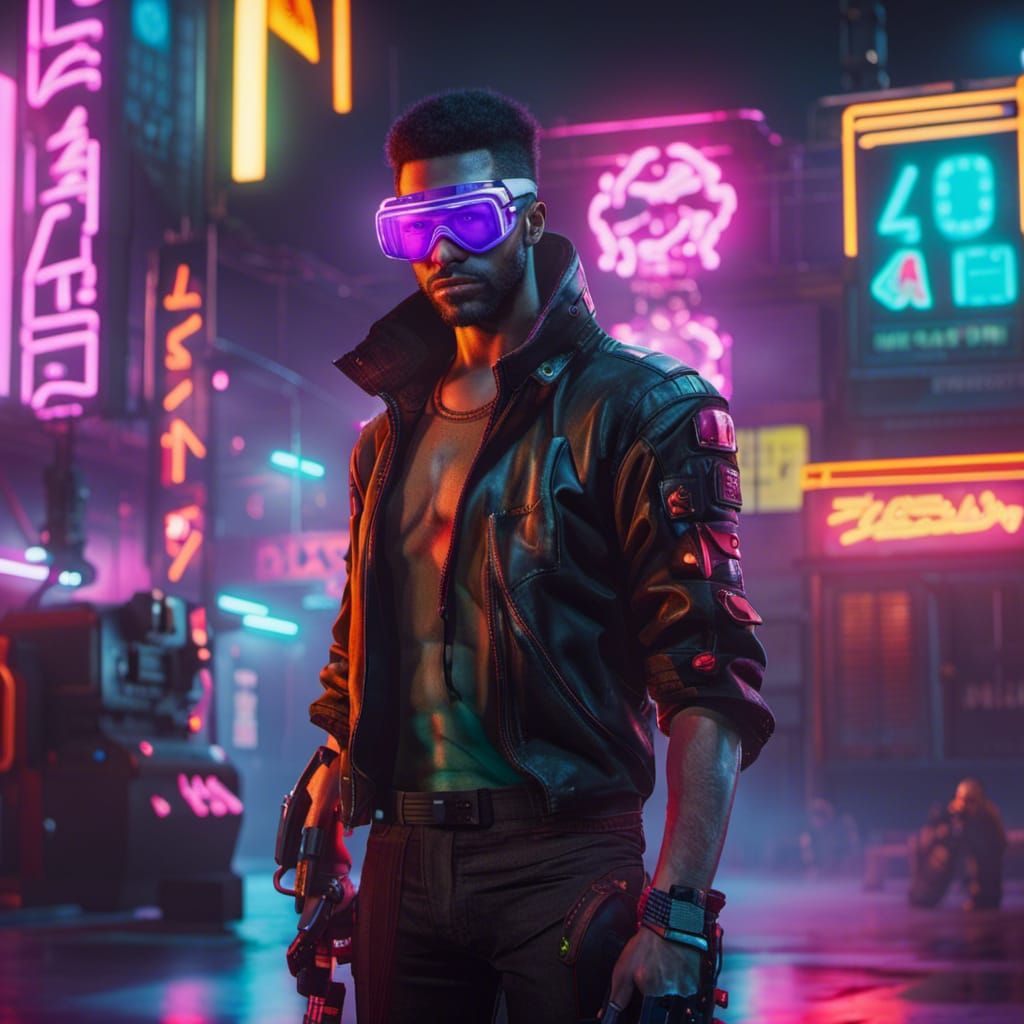 Cyberpunk Engineer in Neon Lit Shop