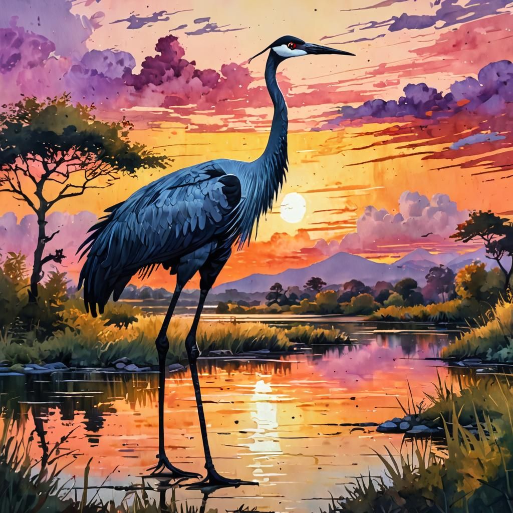 Crane at Sunset: Impasto Gouache Watercolor Painting