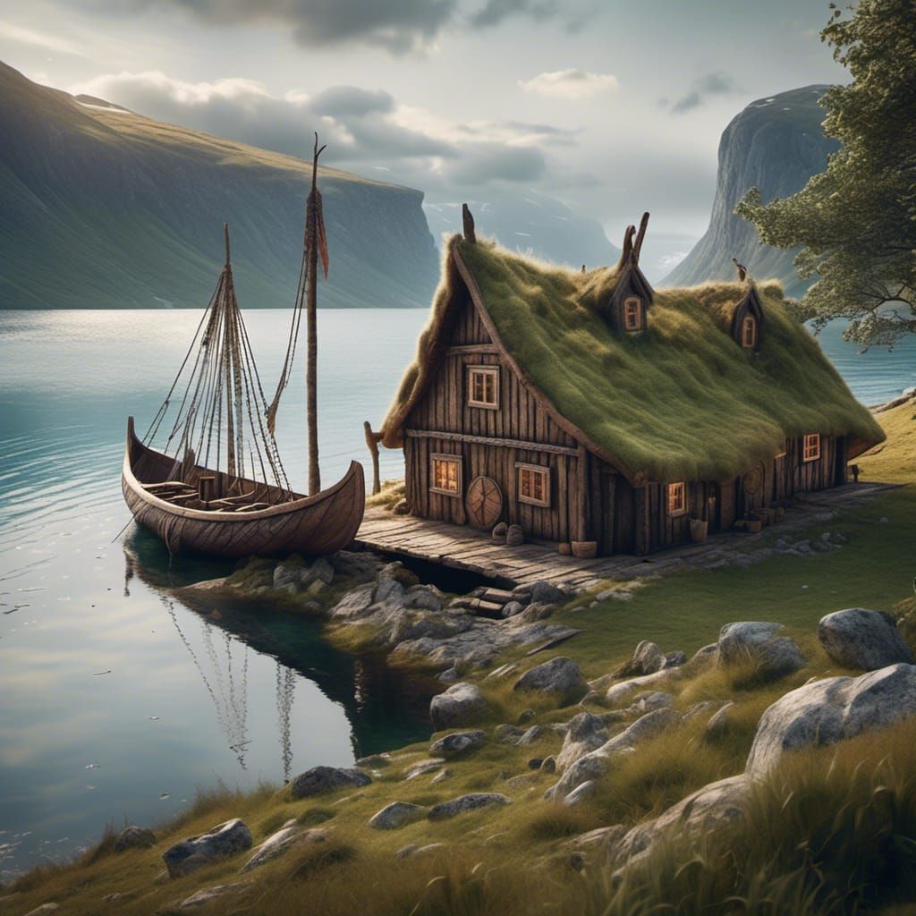Viking House Beside Fjord in Hyperrealistic Photo