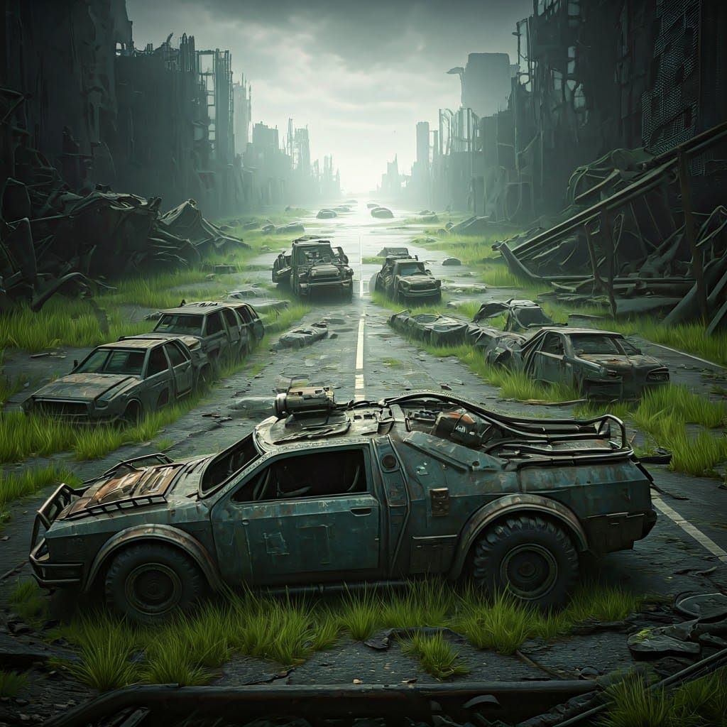 Post-Apocalyptic Convoy on Overgrown Highway