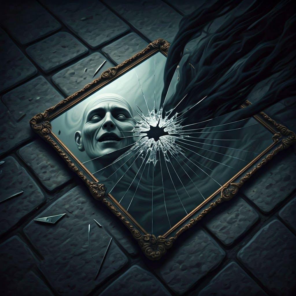 Shattered Mirror Reflecting Warped Faces in Gothic Style