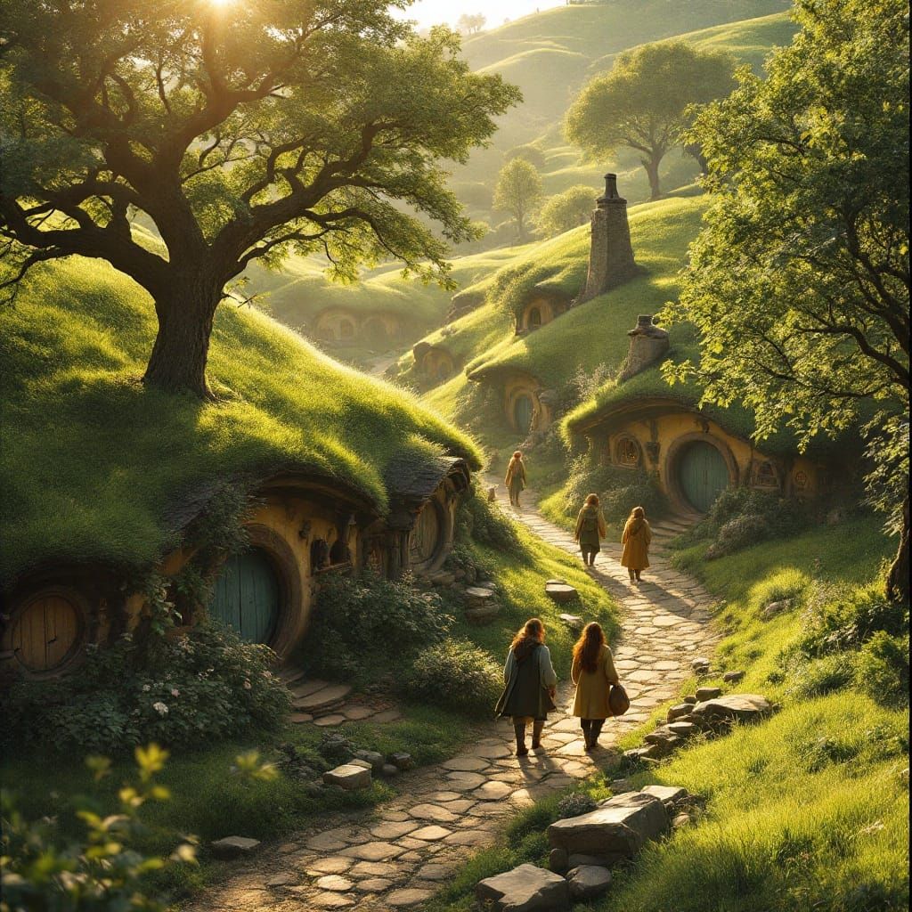 Hobbits in the Shire: A Cinematic Film Still