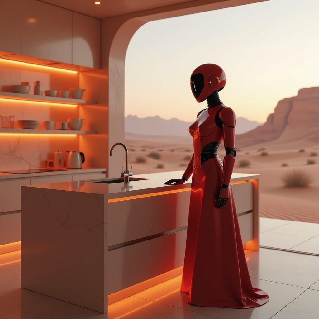 Faceless Robot in Surreal Desert Kitchen