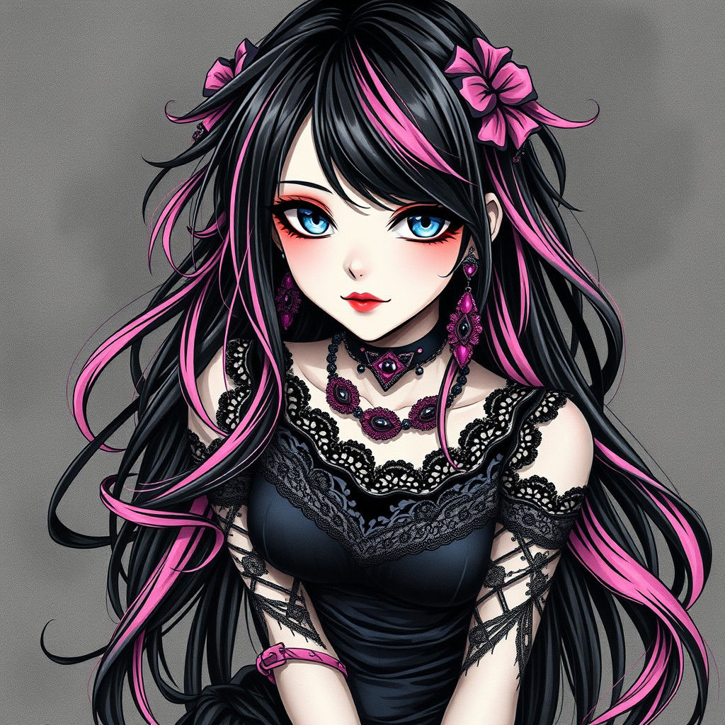Anime Goth Girl with Pink Hair in Charcoal Style
