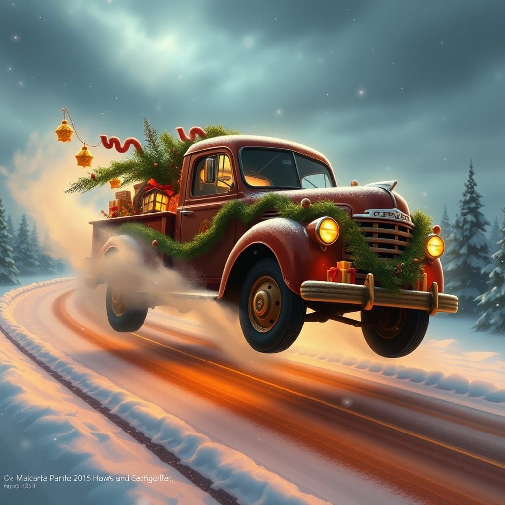 Vintage-Style Christmas Truck Defies Gravity Over Snow-Cover...