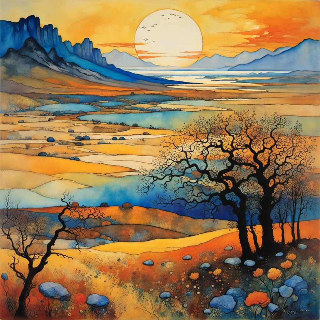 Barren Dawn Landscape in Dreamlike Style
