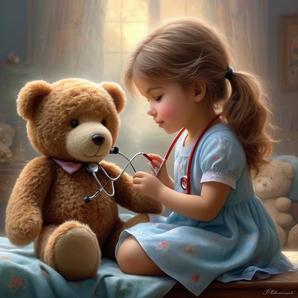 Girl Listens to Teddy Bear's Heart in Ethereal Style