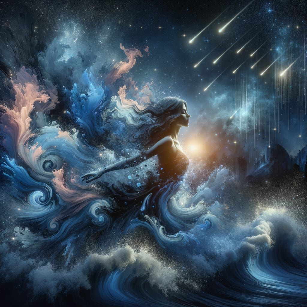 Woman dancing in dark blue waves under a Majestic celestial sky, background of shooting stars