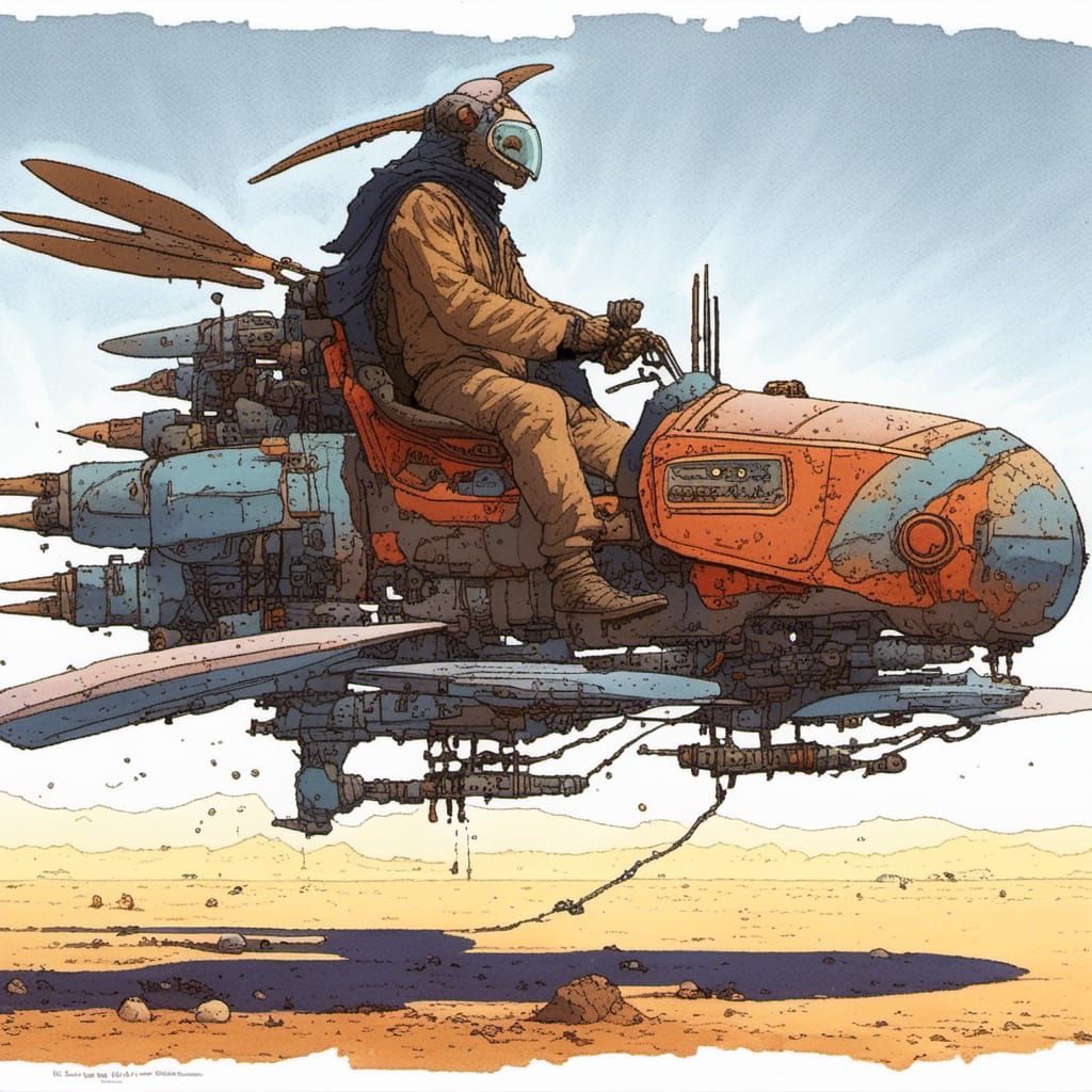 Futuristic Hoverbike in Desert, Moebius Style