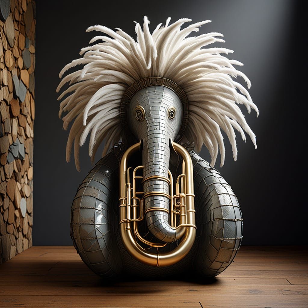 Anthropomorphic Tuba with Wig on Floral Throne