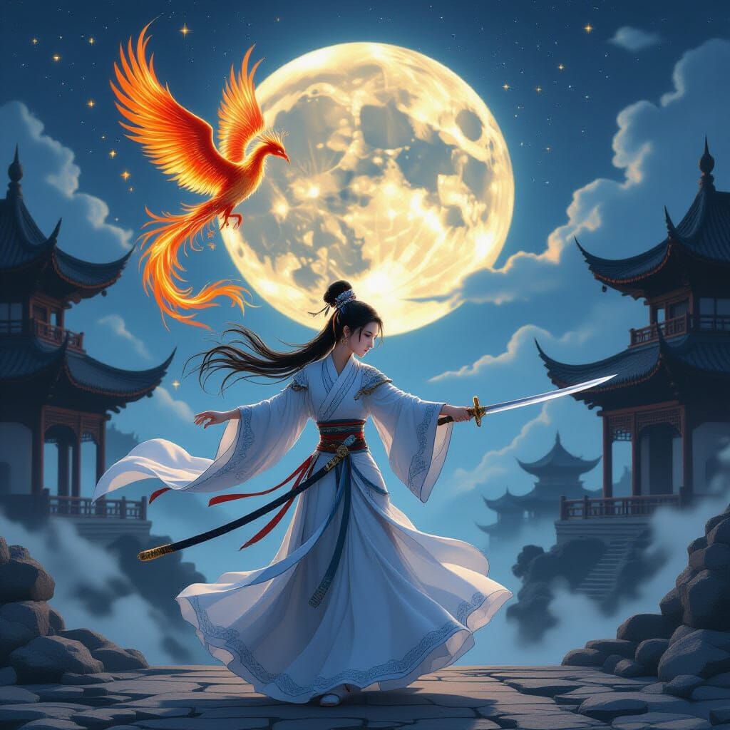 Hanfu Dancer with Phoenix in Digital Painting