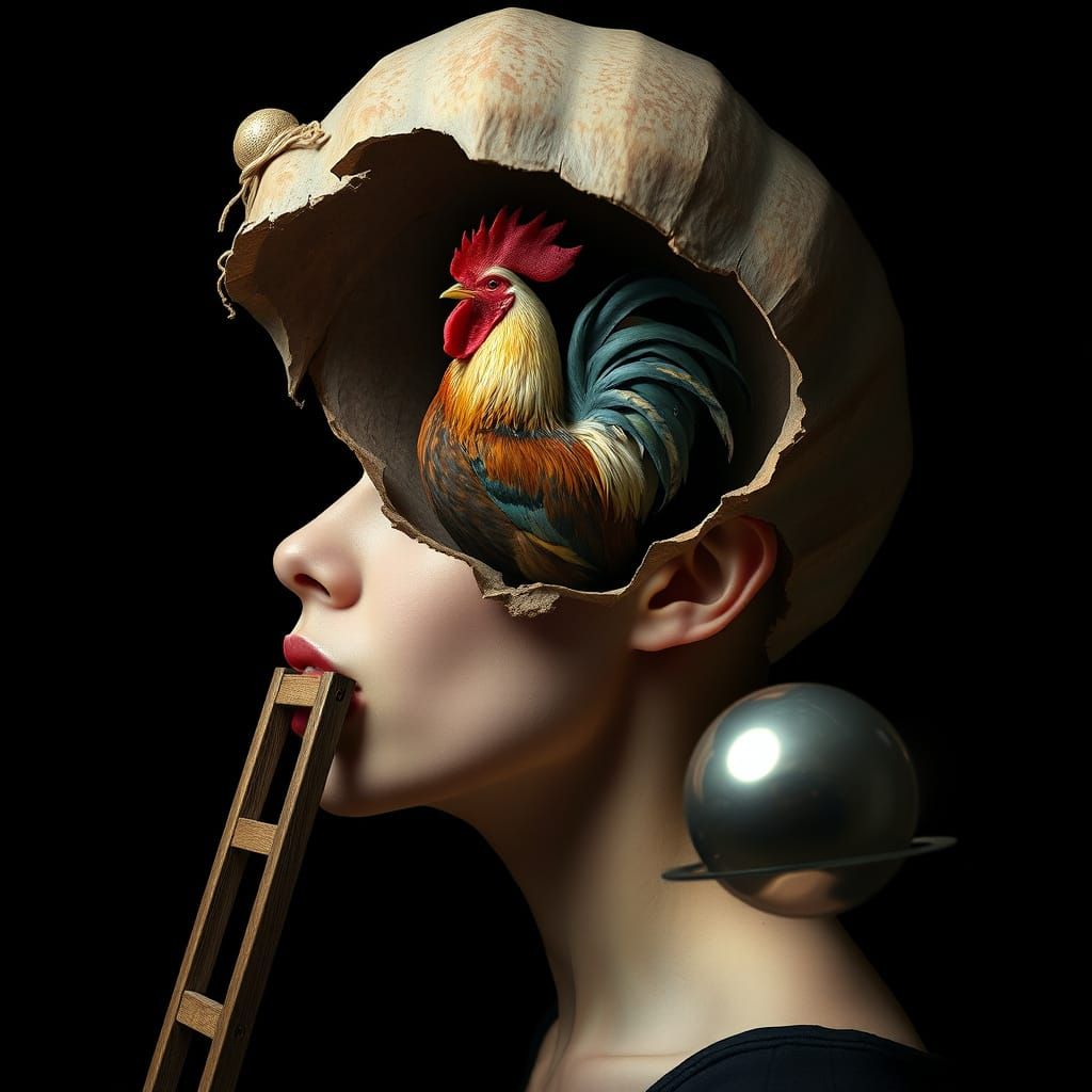 Surreal Woman's Head Reveals Rooster Symbolizing Awakening