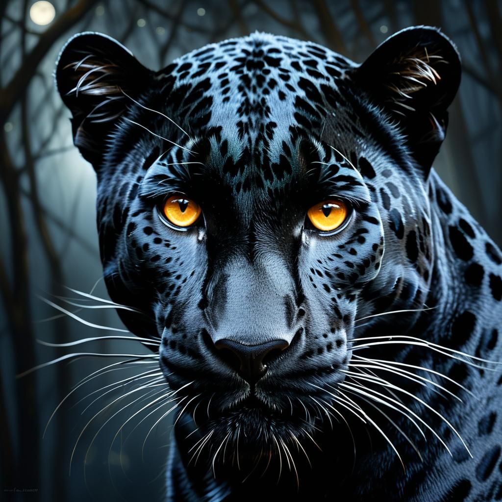 Sleek Black Jaguar in Moonlight, Matte Oil Painting