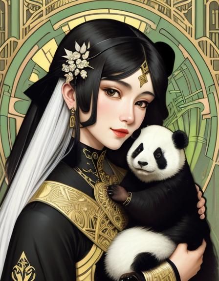 Woman with Panda in Art Deco Style