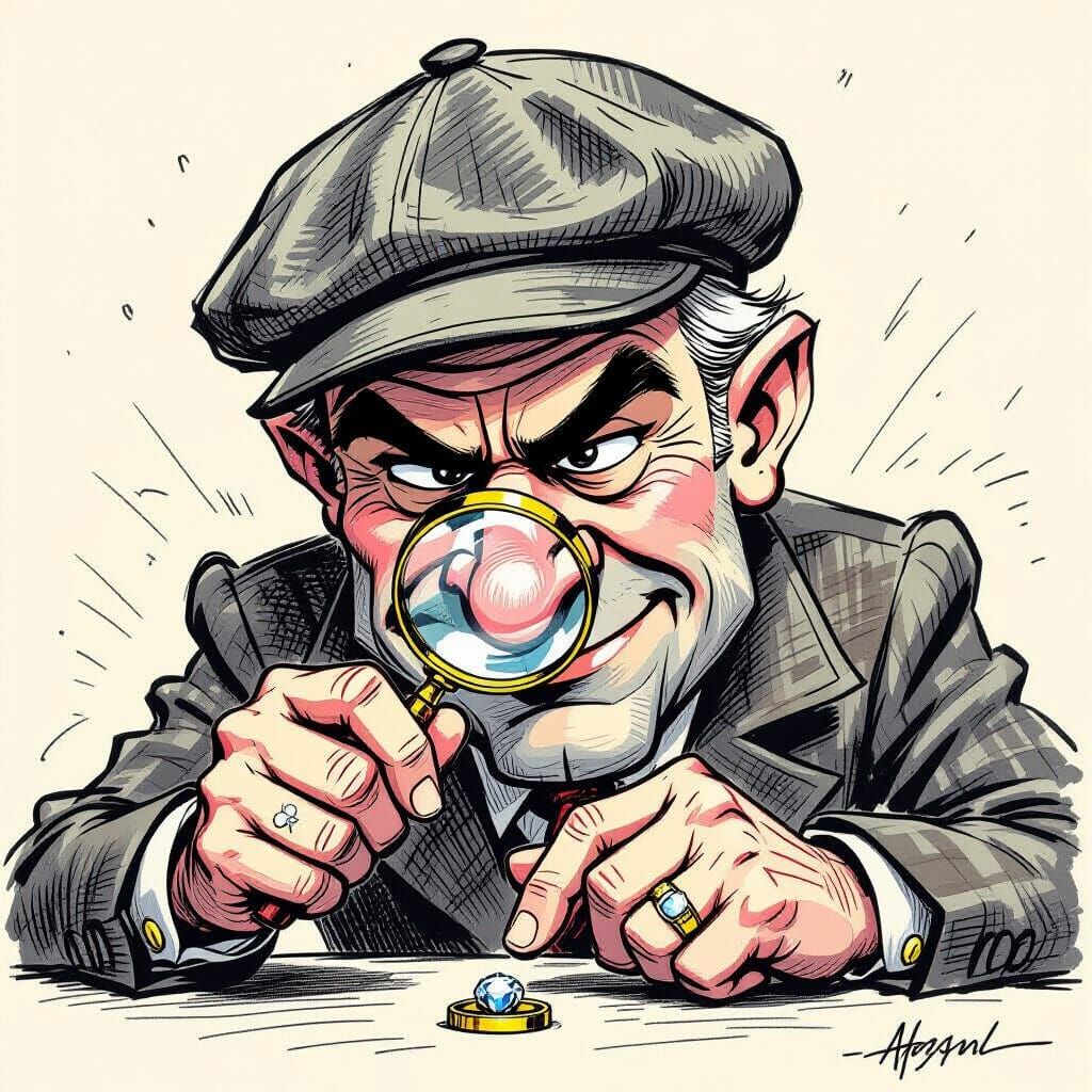 Sly Crook Examines Ring with Magnifying Glass