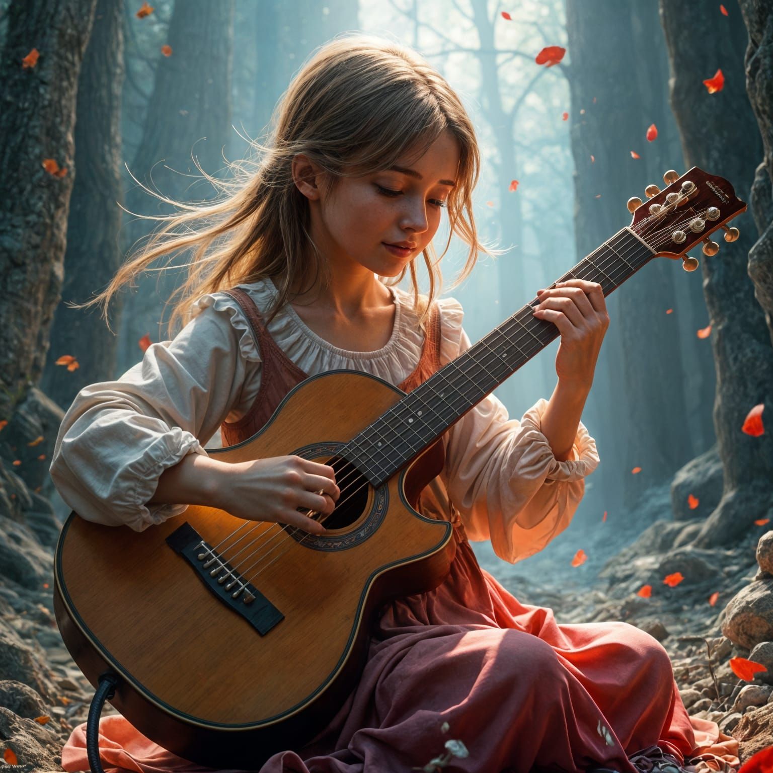Detailed Painting of Russian Girl Playing Guitar