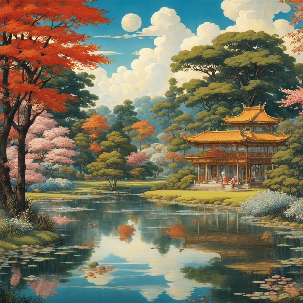 Anime Lakeside Scene in Walter Crane Style