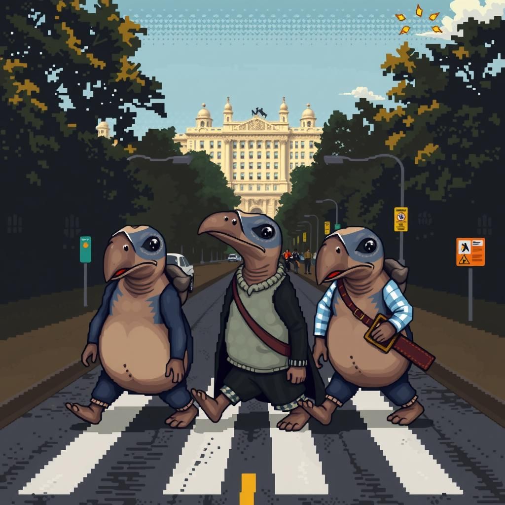 Three anthropomorphic platypuses crossing the street