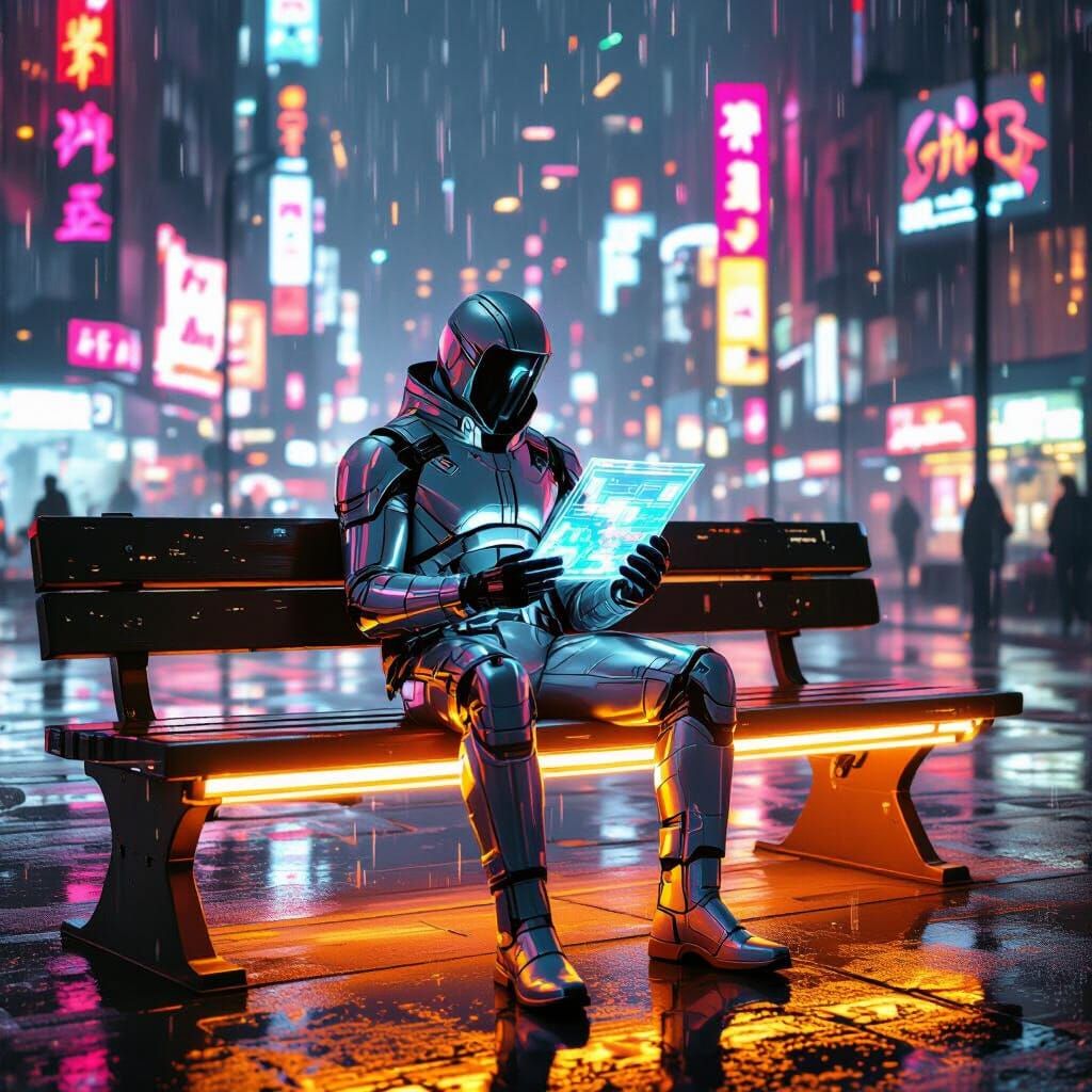 Cyberpunk Man Reads Hologram on Neon Bench in Rainy City