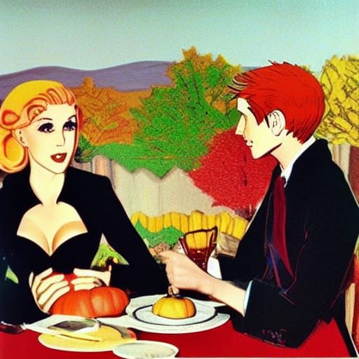 Rabbits' Autumn Date Night in Pop Art Style