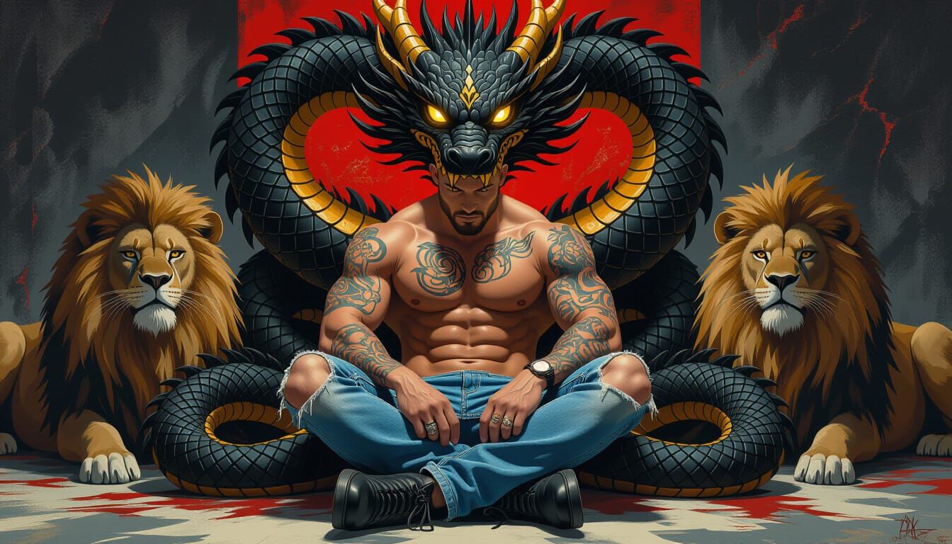 Muscular Man with Dragon & Lions in Street Art Style