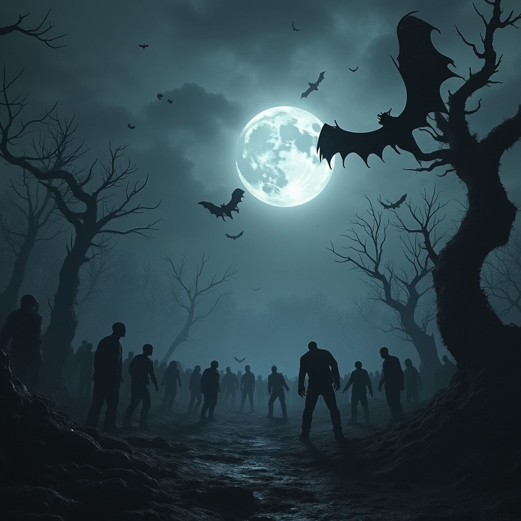 Dark Fantasy Zombie Horde Under a Full Moon