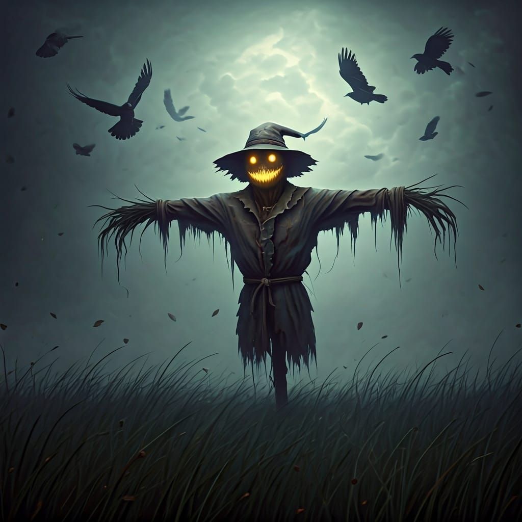 Ominous Scarecrow in Mist, Hyperrealistic Style
