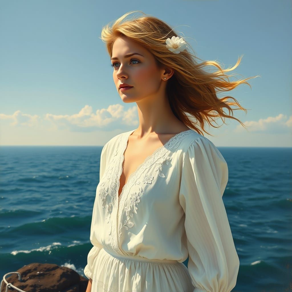 European Woman in Summer Dress Contemplates the Sea