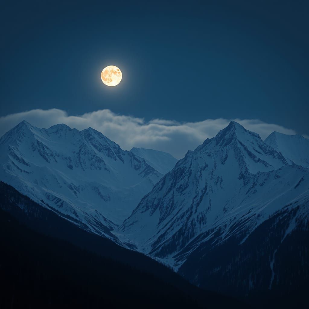 Moonlit Snowy Peaks in Dramatic Lighting